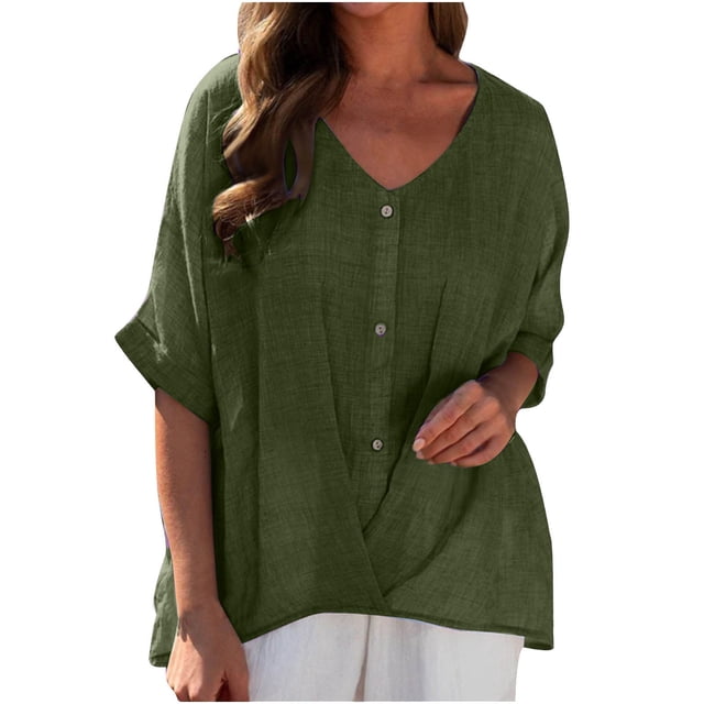 asjyhkr Womens Linen T Shirts Loose Fitting V Neck Button Lightweight Summer Tops Solid Color Tees