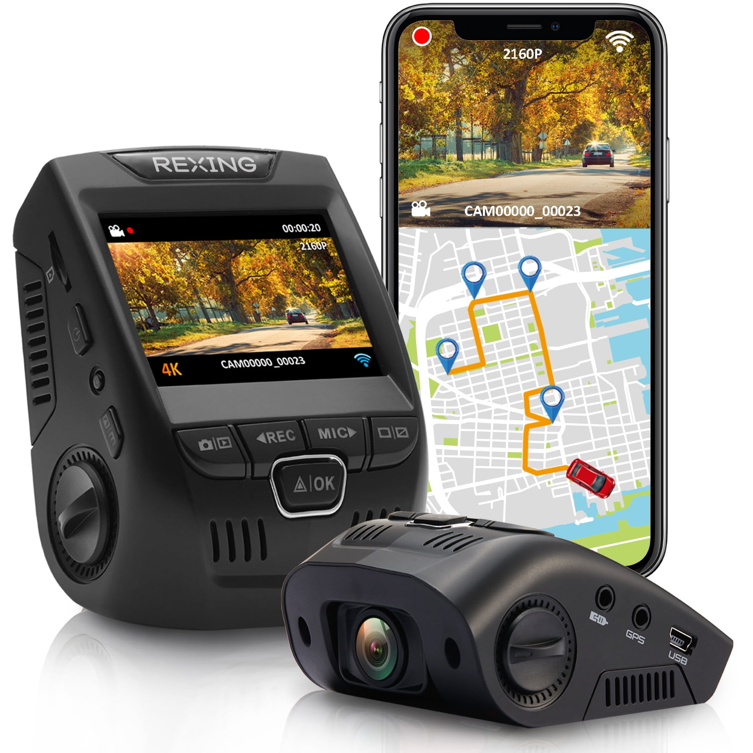 Rexing V1GW-4K Ultra HD Car Dash Cam w/ Built-in GPS Logger, 2.4" LCD Screen,Wi-Fi,170° Wide Angle Dashboard Camera Recorder with G-Sensor, WDR, Loop Recording, Supercapacitor, Mobile App, up to 256GB