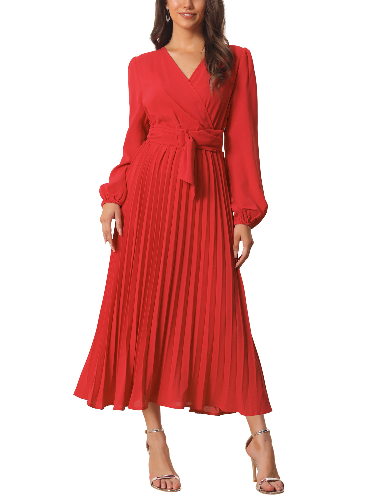 INSPIRE CHIC Robe Plissée pour Femme Manches Longues Bouffantes Col en V Robe avec Ceinture à la Taille m Rouge