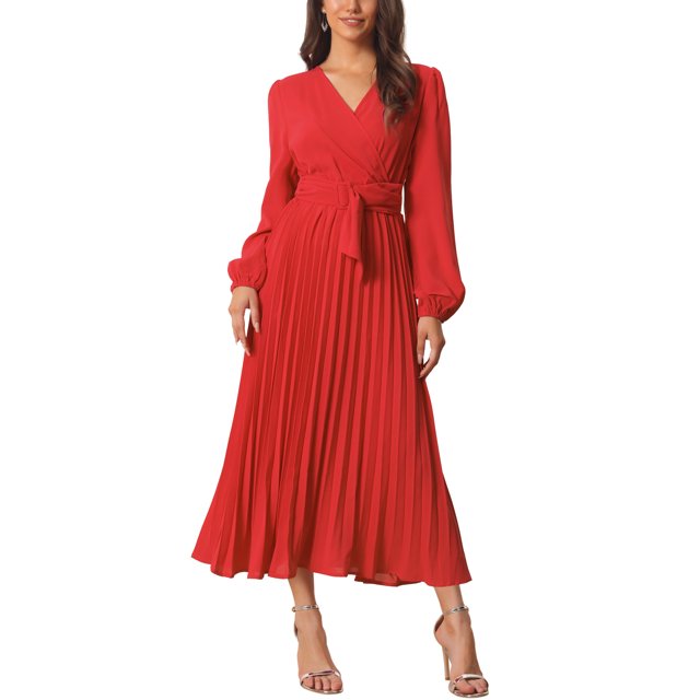 INSPIRE CHIC Robe Plissée pour Femme à Manches Longues Bouffantes, Col en V, Robe avec Ceinture à la Taille, G Rouge