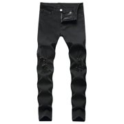FcBaudy Full Length Pants Jeans Men's Ripped Jeans Zipper Wash Elastic Trend Outdoors Denim Trousers Men Denim Pants