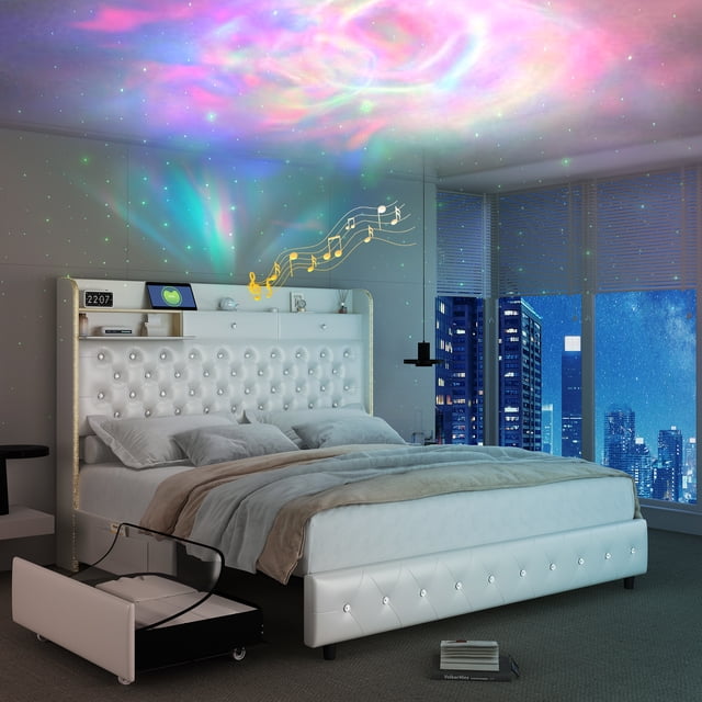 SIBEDS Queen LED Bed Frame with Galaxy Projector, Charging Station, 52" Headboard & 2 Drawers, No Box Spring Required