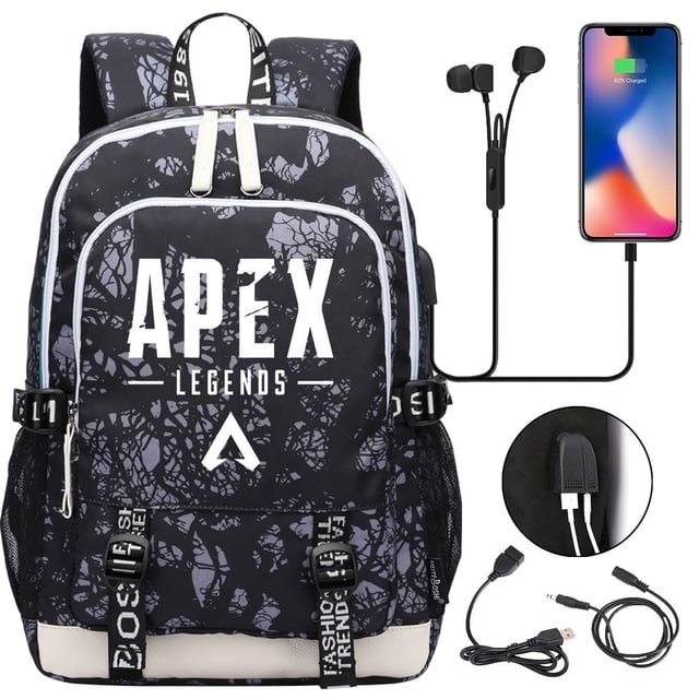 POINTERTECK Students APEX Legends Bookbag USB Charging Port Daypack Lightweight Travel Bag Graphic Knapsack. The backpack features a black and white graphic design with the APEX Legends logo prominently displayed on the front. It includes a built-in USB charging port for connecting a power source and charging devices on the go (power supply not included). The ergonomic design includes mesh shoulder straps, a back panel, and a chest strap for comfortable and breathable carrying. Made from waterproof fabric that is soft and easy to clean, this bag is suitable for students, travelers, and gaming enthusiasts.