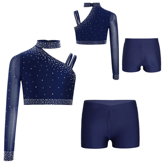 Manyakai Gymnastic Dance Outfits for Girls Latin Jazz Dance Performance Costumes Athletic Sports Workout Navy Blue 14