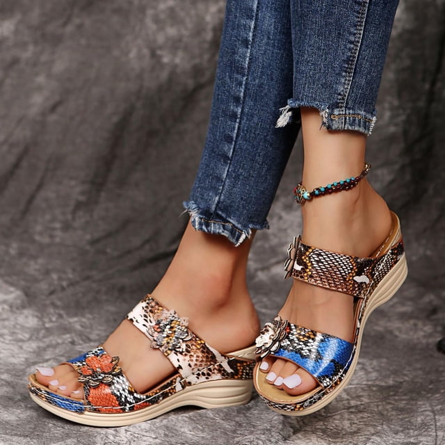 HKEJIAOI Sandales pour Femmes Été Rétro Décontractées Fleurs à Talons Hauts à Semelle Plate Pantoufles Compensées pour Dames