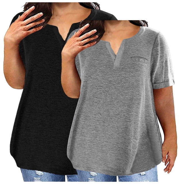 tarylea 2PC Womens Plus Size Short Sleeve Shirts Solid Color T Shirts Round Neck Plain Basic Tees