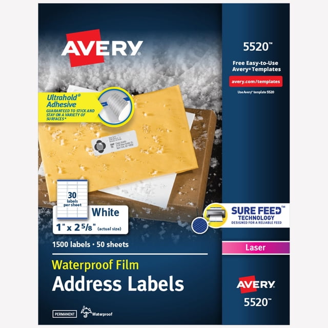 Avery Waterproof Printable Address Labels with Sure Feed, 1" x 2-5/8", White, Ultrahold Permanent Adhesive, Laser Printers, 1,500 Blank Mailing Labels, Gre