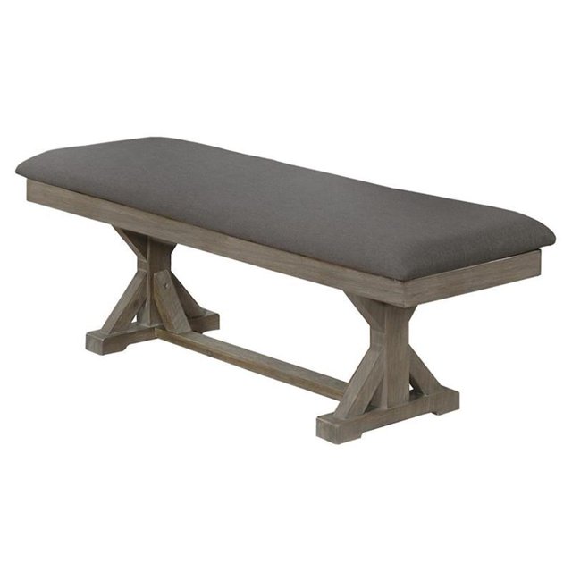 Gray Linen Dining Bench with Rustic Gray Brown Wood in Standard Height