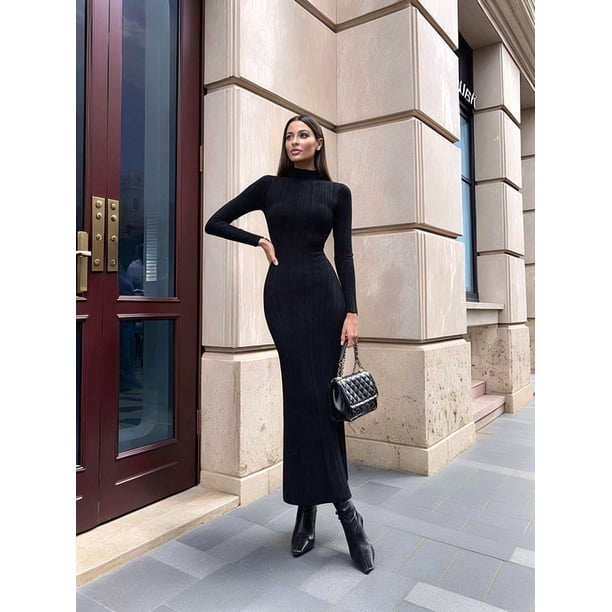 womens black dress winter Autumn and Women'S Long Sleeve Maxi Ribbed Knit Slim Casual Dress S Color:Ombre Peachy Keen its your canvas Must-have Fortunate One | Isle