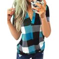 thumbnail image 1 of T-shirt pour Femme à Col en V, Chemise Courte Imprimée, Haut à Manches en V, Blouse Décontractée à Carreaux, Bleu Lac, L, 1 of 6