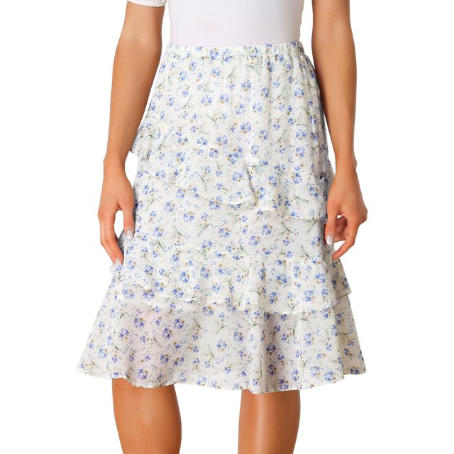 Unique Bargains Jupe Midi en Chiffon à Taille Élastique pour Femmes Beige L