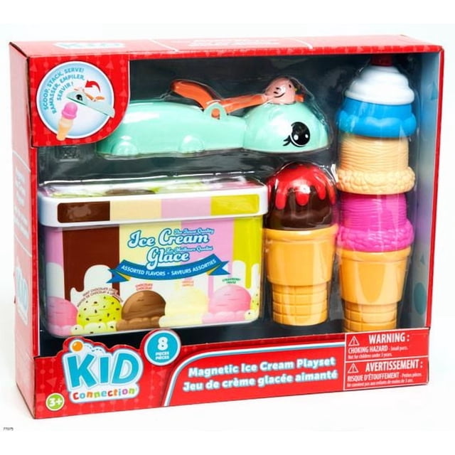 Ensemble de Crème Glacée, Ensemble de Jeu Magnétique de Crème Glacée par Kid Connection avec 8 Pcs Incluant une Cuillère Vert Menthe avec un Visage Souriant, un Contenant Rectangulaire de Crème Glacée Étiqueté avec des Saveurs Assorties, et Quatre Cornets de Crème Glacée Magnétiques Colorés en Chocolat, Vanille, Fraise et Tourbillon Bleu, Idéal pour les Cuisines de Jeu d'Imitation et les Jouets de Cuisine.