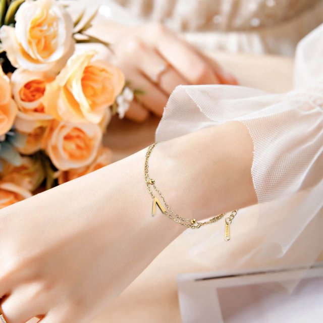 WIFKLSIIPG Fashion Simple Double Chain Stacking 26 Letters Gold Stainless Steel Bracelet Initials Bracelet for Women Teen Girls Jewelry Chain Bracelet
