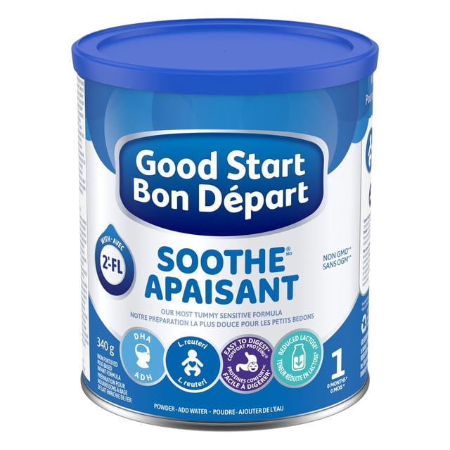 Good Start Soothe Baby Formula, Powder 340g, front-facing container with blue lid and bilingual label highlighting tummy sensitive formula with probiotic L. reuteri, 30% reduced lactose, comfort proteins for easy digestion, DHA for brain and eye development, and immune support, suitable from 0 months.