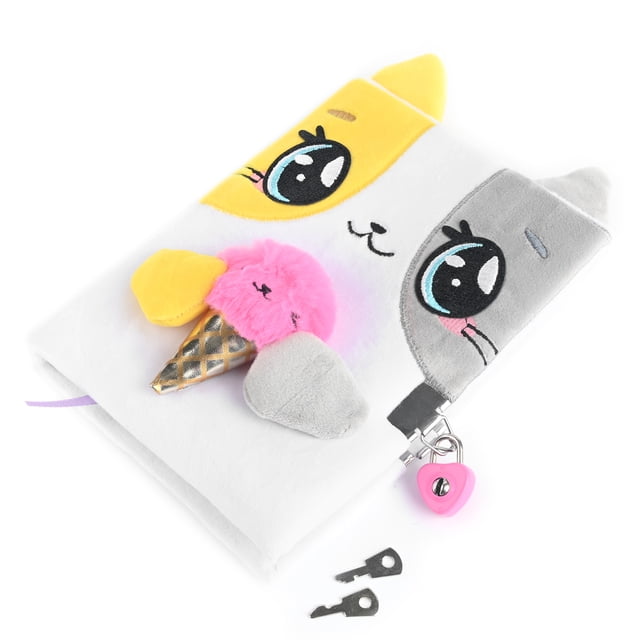 Claire's Tweens' Cat Plush Lock Diary featuring a fuzzy white cover with a yellow and gray cat face, cuddly paws, and a furry pink ice cream cone detail. Includes a pink heart-shaped lock with two keys for privacy. Measures 6 inches wide by 8 inches high, with lined pages for writing.