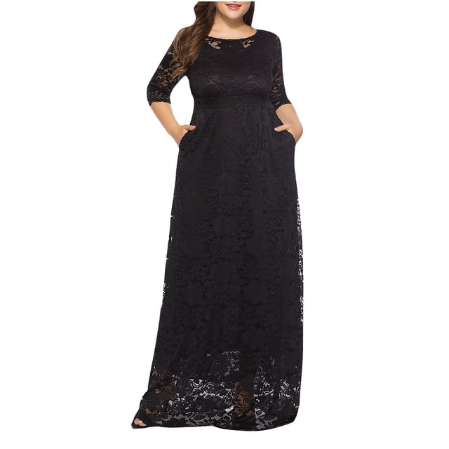 Fridja Robe de Soirée pour Femme, Grande Taille, en Dentelle Ajourée avec Poches, Jupe Longue