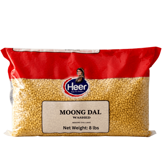 Heer Moong Jaune Décortiqué Beans (Lavé), 8 Lb, Moong Dal dans un Sac Refermable avec un design Rouge et transparent. le Sac Contient des Beans Jaunes 100 % Décortiqués, Idéal pour Cuisiner Moong Dal, khichdi, Soupes, Currys et Plus. Riche en Protéines d'Origine Végétale, en Fibres et en Nutriments Essentiels, Ce Produit Sans Gluten et Végétalien Est Parfait pour une Préparation de Repas Santé.