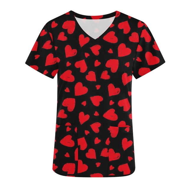 TIMIFIS Haut de Sarrau Rouge Femme Imprimé Manches Courtes Col en V Hauts Uniforme de Travail Imprimé de la Saint-Valentin avec Poche Blouse avec Poches-Rouge - Printemps