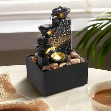 YOPTOP Indoor Water Fountain Tabletop Fountain 4 Level with Audible Calming Waterfall Sounds with Soft Lights