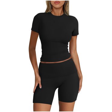 Yuyuzo Womens 2 Piece Outfits Summer Lounge Sets Short Sleeve Crop Going out Top Tight Shorts Sweatsuit