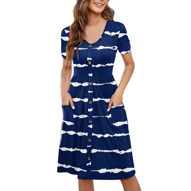 Birdeem Robe Femme Décontractée Aguichant Mode Été Manches Courtes Ample Imprimée Ajustée Poche Boutons Col en V