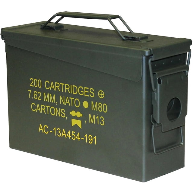 World Famous .30 CAL Steel Ammunition Box in army green with yellow stencil text for 200 cartridges 7.62 mm NATO M80, featuring heavy-duty metal construction, watertight rubber gasket seal, fold-down carry handle, and stackable design for secure storage.