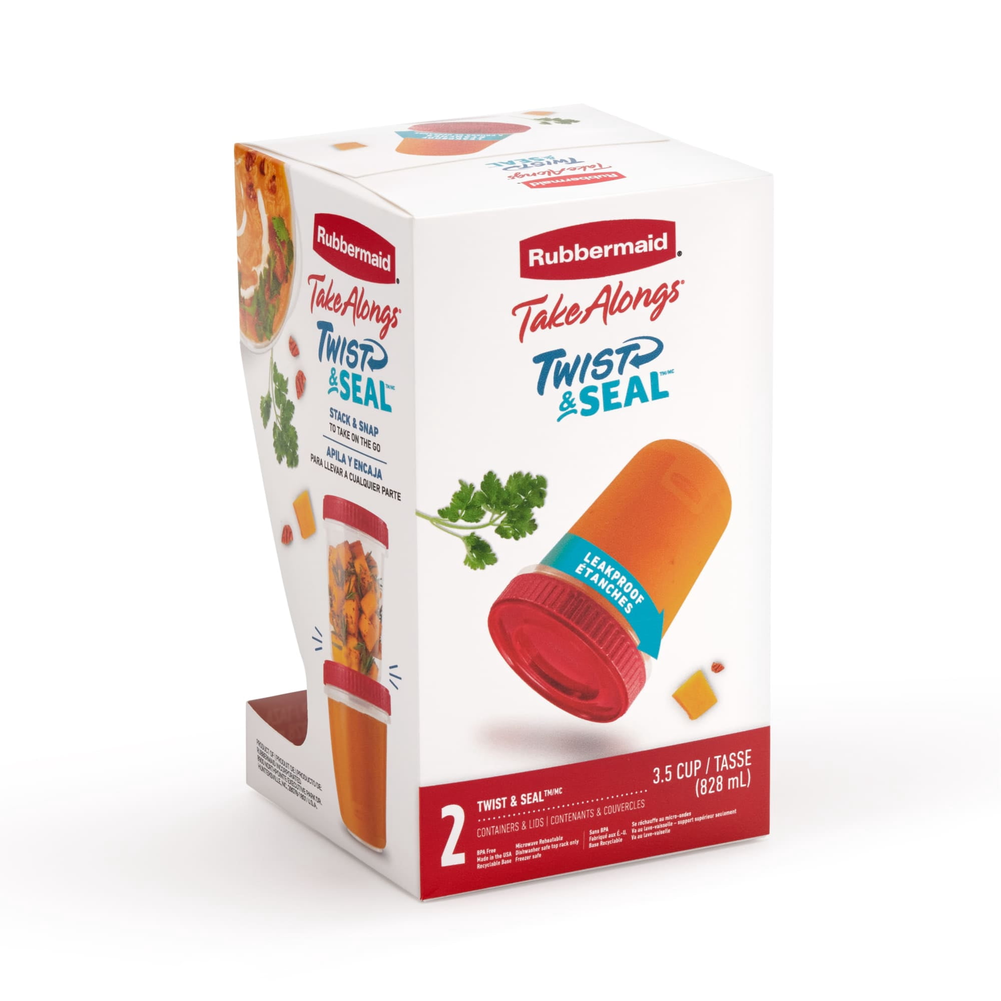 Rubbermaid TakeAlongs Twist & Seal Food Storage Containers, 828 mL (3.5-Cup), Ruby, 2 Pack