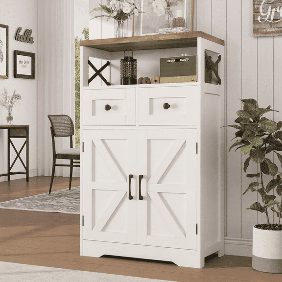 VEANERWOOD Farmhouse Storage Cabinet with Doors and Drawers, Freestanding Kitchen Pantry Cabinet Sideboard, White