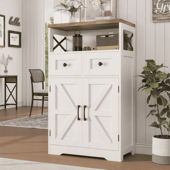 VEANERWOOD Farmhouse Storage Cabinet with Doors and Drawers, Freestanding Kitchen Pantry Cabinet Sideboard, White