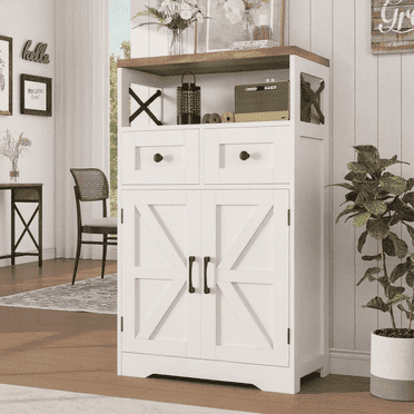 VEANERWOOD Armoire de Rangement Style Ferme avec Portes et Tiroirs, Garde-Manger de Cuisine Autoportant Buffet, Blanc
