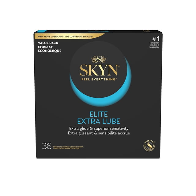 SKYN Elite Extra Lubricated Non-Latex Condoms, 53MM Nominal Width, 36 Count. The packaging features a black box with a blue circular design and gold accents, highlighting the product's ultra-thin, extra-lubricated, and latex-free attributes. Made with SKYNFEEL material, these condoms are 15% thinner than the original SKYN condoms and provide 40% more ultra-silky lubricant for enhanced sensitivity and comfort. Suitable for individuals with latex allergies.