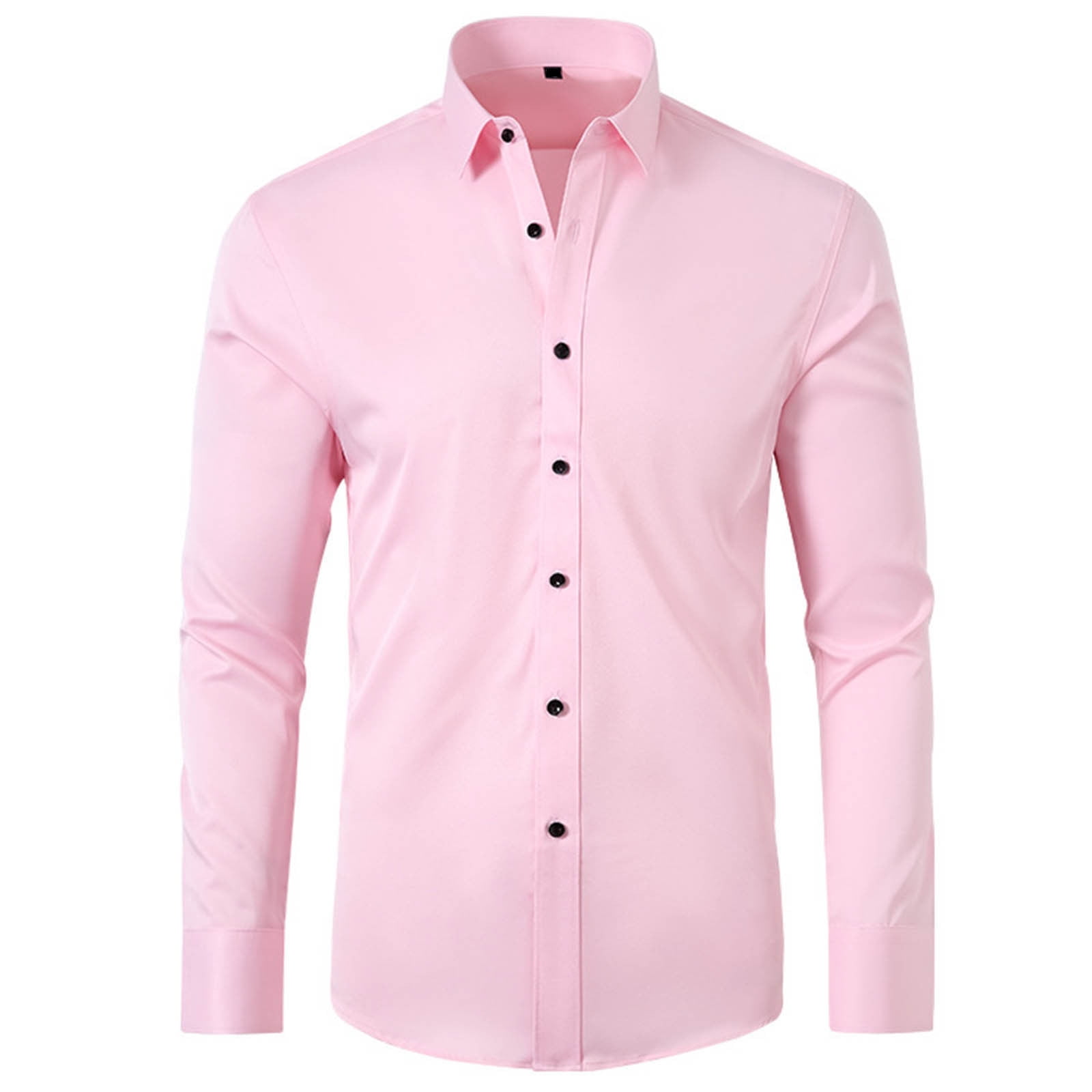 Solid Color Lapel Mens Shirts Fashion Long Sleeve Fitted Button Front Closure Shirts for Men(Pink,L)