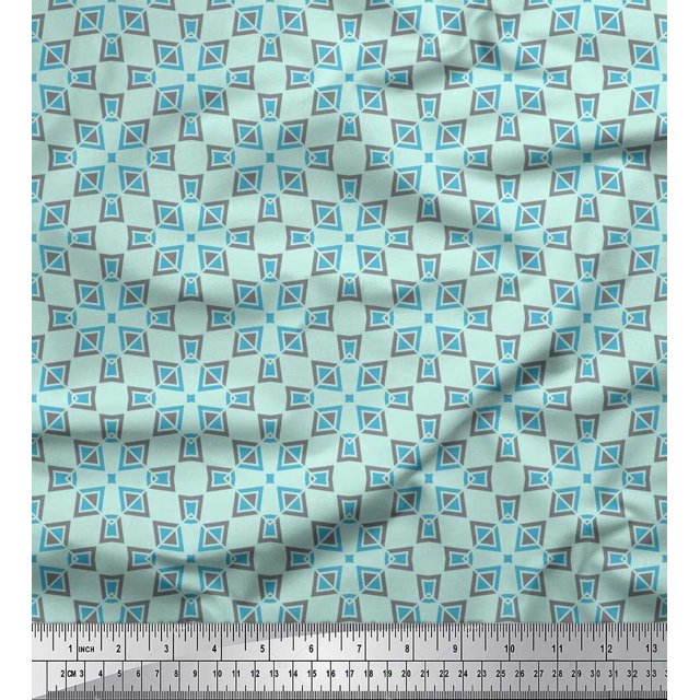 Soimoi Green Satin Silk Fabric Square & Triangle Geometric Print Fabric by Yard 42 Inch Wide