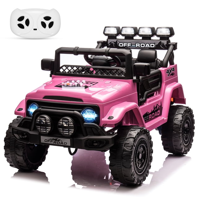 CazToi 12V Ride On Truck Car with Parent Remote Control in a vibrant pink color. This powered ride-on features dual 25W motors, bright LED lights, and a rugged off-road design with large black tires. It includes a three-point safety belt, double lockable doors, and shock absorbers for a secure and smooth ride. The interactive dashboard has a music panel and horn for added fun. The truck is shown with a white remote control for parental operation, ensuring safety for younger children. Suitable for ages 37-96 months with a weight capacity of up to 66 lbs.