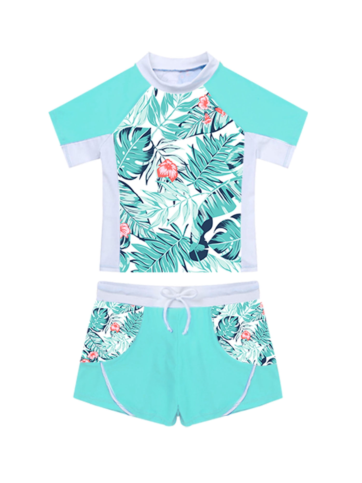 CHICTRY Kids Girls Rash Guard Swimsuit 2Pcs Sets Floral Print Short Sleeve Shirt with Booty Shorts Tankini Tropical Leaves 16