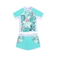 thumbnail image 1 of CHICTRY Kids Girls Rash Guard Swimsuit 2Pcs Sets Floral Print Short Sleeve Shirt with Booty Shorts Tankini Tropical Leaves 16, 1 of 7