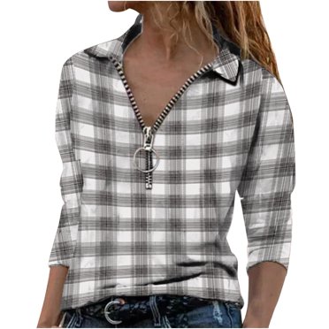 Fridja Women Long Sleeve Casual V Neck Zipper Plaid Printed T-Shirt Pullover Blouse
