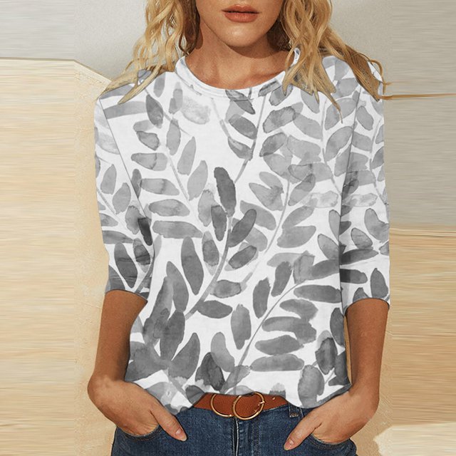 Jsaierl Automne Manches 3/4 Hauts pour Femmes Décontractés Col Rond Chemises Mode Imprimées T-Shirts Confortables Légers 2024 Blouses pour Dames