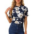 thumbnail image 1 of INSPIRE CHIC Women's Blouse Floral Ruffled Short Sleeve Ruffle Neck Casual Blouses S Dark Blue, 1 of 6