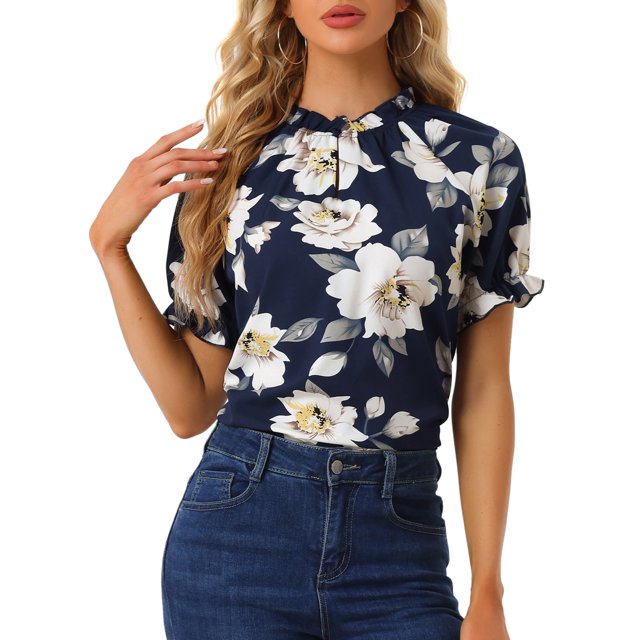 INSPIRE CHIC Women's Blouse Floral Ruffled Short Sleeve Ruffle Neck Casual Blouses S Dark Blue