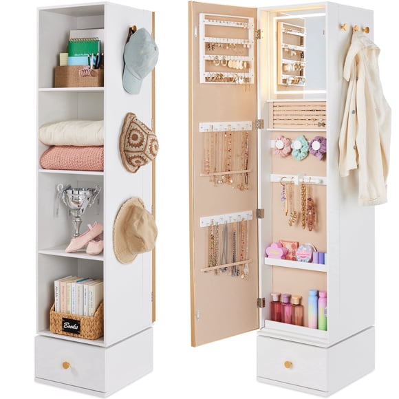 Best Choice Products Miroir Rotatif avec Armoire de Rangement, Armoire à Bijoux Pivotante, Étagères, Organisateur de Bijoux, Crochets - Or