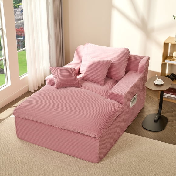 BIGSYY Chaise Longue, Canapé-Lit de Sol, Design Moderne Sans Assemblage pour Adultes, Siège en Mousse Confortable pour Salon et Chambre, Velours Côtelé, Rose