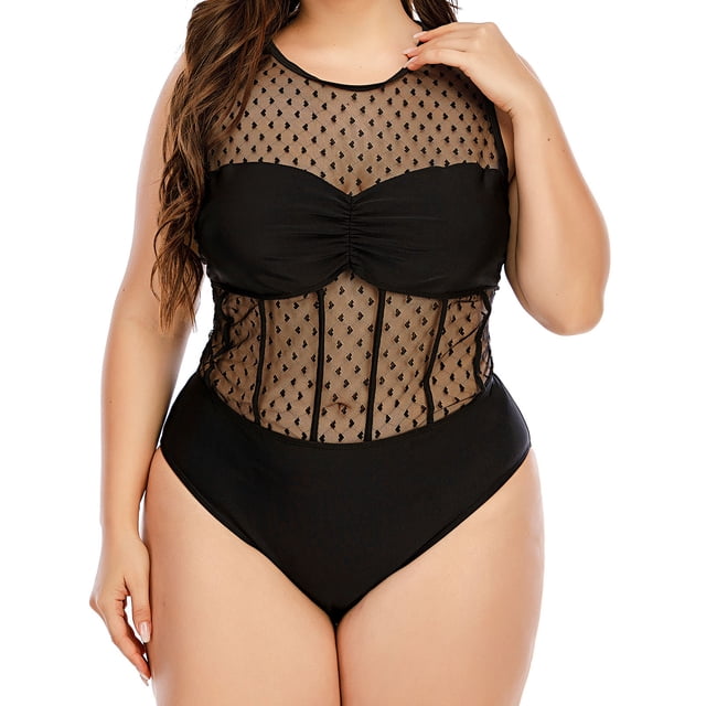 CEHVOM Women's Plus Size Solid Color Mesh Hollow Stitching Bikini Beach Wear