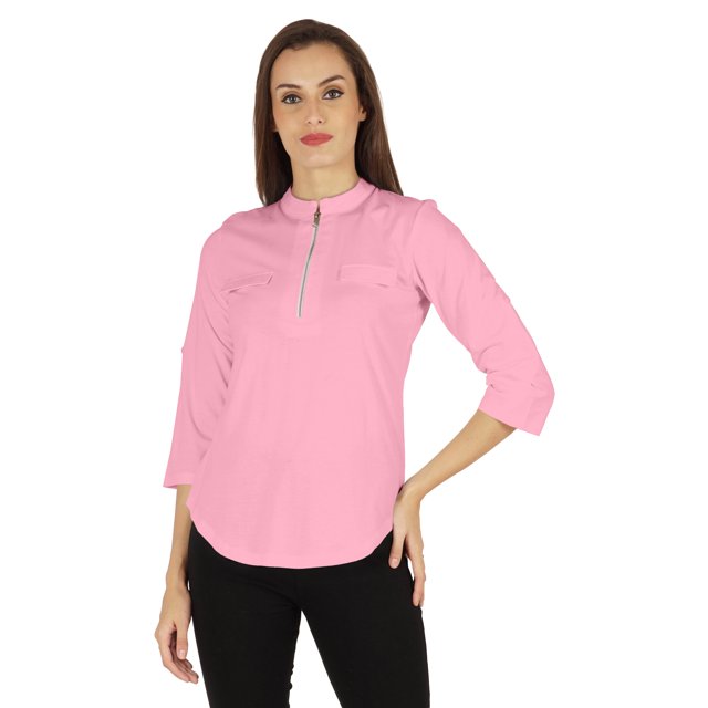 Inkmeso Stylish Mandarin Collar Top For Women Casual Solid Relaxed-Fit Zipper Front Tunic
