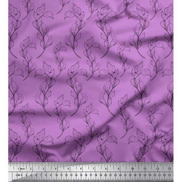 Soimoi Purple polyester Crepe Fabric Pear Leaves Print Sewing Fabric Yard 52 Inch Wide