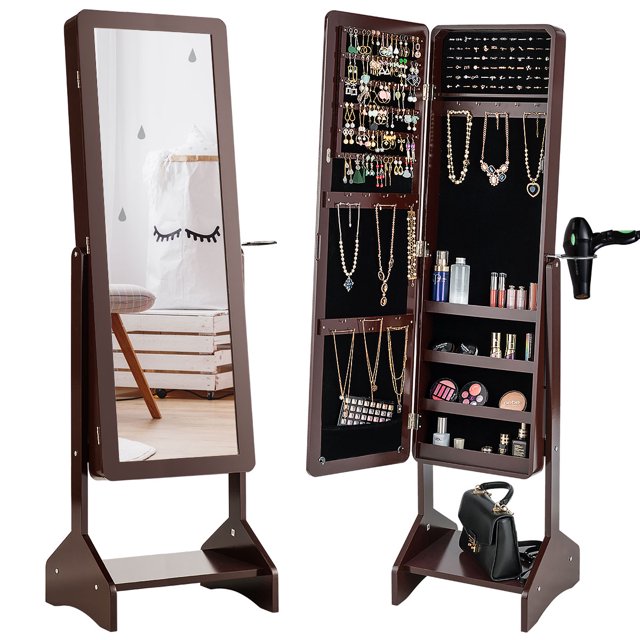 Costway Mirror Jewelry Cabinet Armoire Storage Organizer Shelf Rack Brown