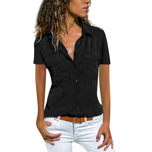 Pompotops Chemisier Décontracté pour Femmes Manches Courtes Col Rabattu Poches Boutons