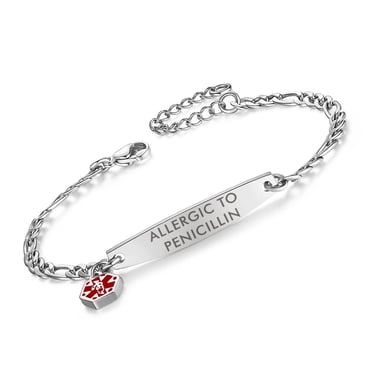 mnmhope bracelets d'Alerte Médicale pour Femmes 6,5-8 Pouces Réglables Mode Petits bracelets Figaro d'Identité Médicale avec Pénicilline Gravée (Argent)