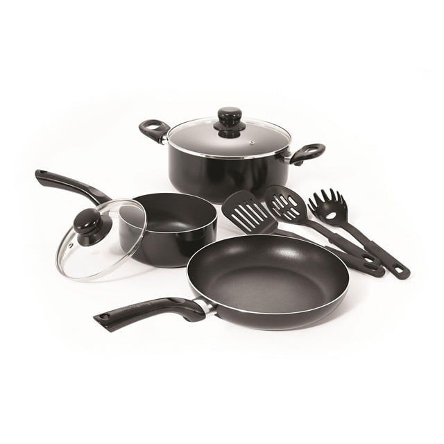 Starbasix 8-Piece Non-Stick Cookware Set with black aluminum pots and pans including a 1.5L saucepan with glass lid, 4.5L casserole with glass lid, 24 cm fry pan, and three nylon utensils with heat-resistant handles, oven and dishwasher safe for convenient kitchenware use.
