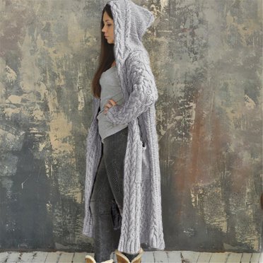 Wiyuqeen Hooded Open Front Cardigan for Women Cable Knit Sweaters Chunky Long Sweater Coat Pocketed Oversized Knee Length Long Coats with Pockets